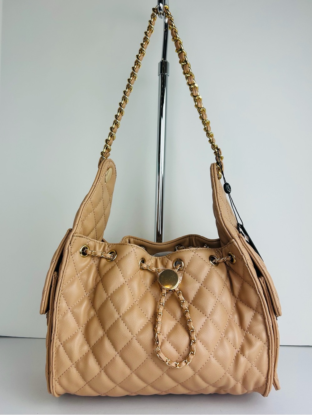 NWT BC Bags Handbag Tote Vegan Leather Khaki Pebbled Quilted Single Strap Pocket